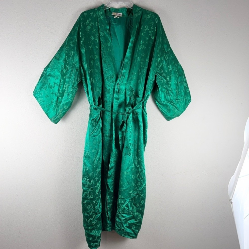 Esme Kimono Robe M Green Silk Floral Jacquard Chinoiserie Loungewear Luxury